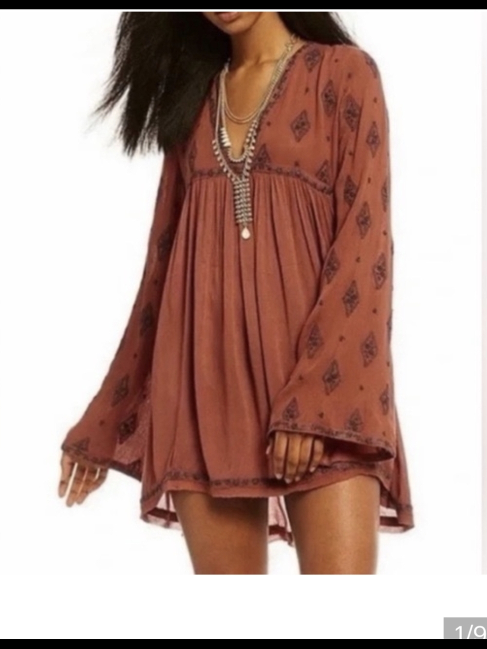 Free People Redish Rust Charcoal Embroidery V-Neck Bell Sleeve Mini Dress